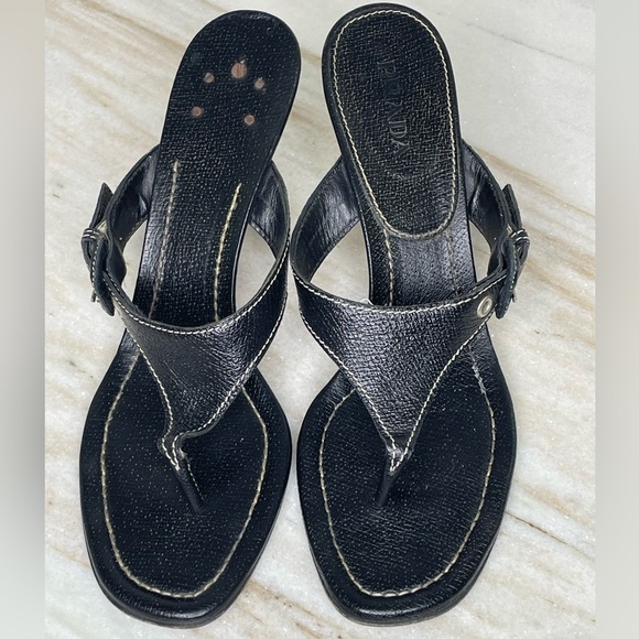 PRADA heels vintage mules black sz 9.5 EU 40 Leather thong - Picture 1 of 8